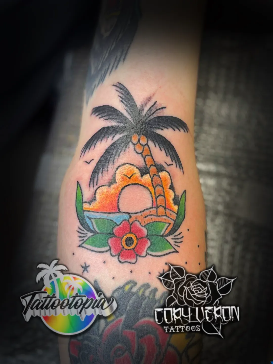 palm tree sunset traditional flower ankle tattoo cory veron tattootopia