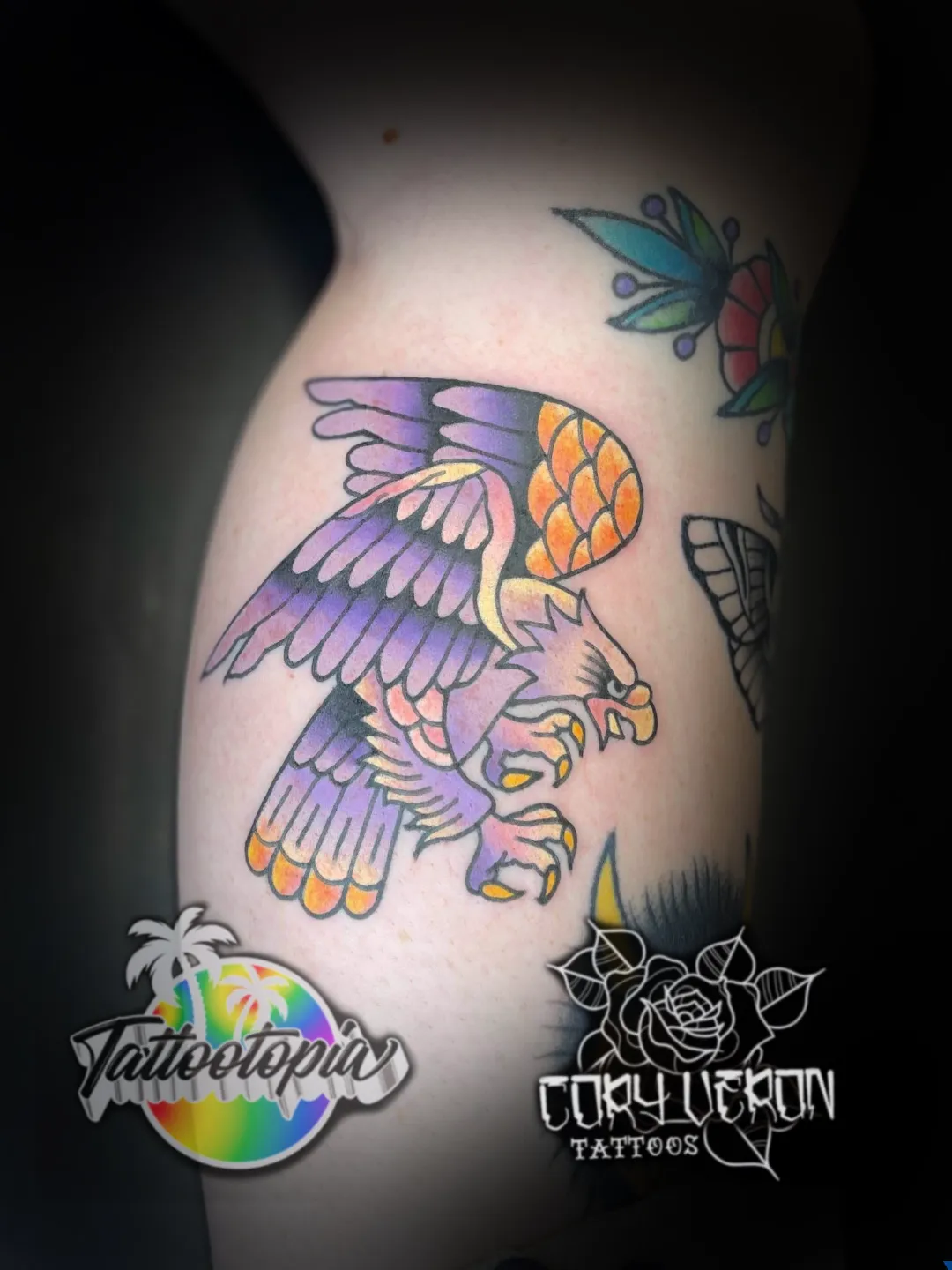 purple and orange eagle traditional tattoo cory veron tattootopia