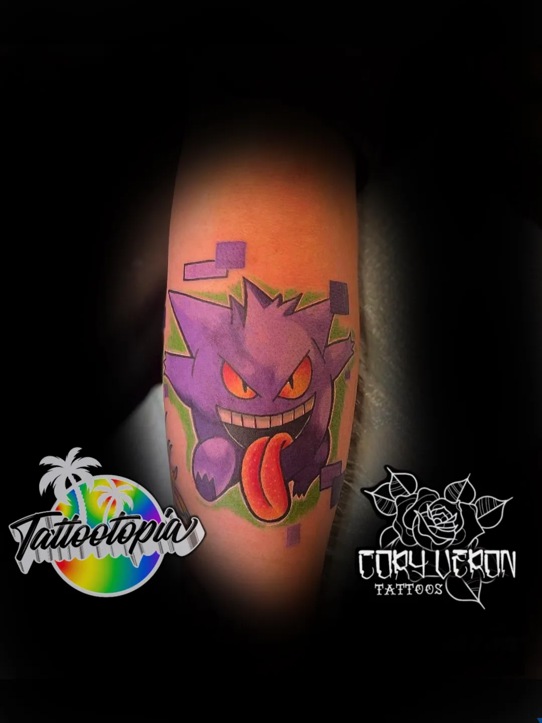purple cartoon ghost character tattoo cory veron tattootopia