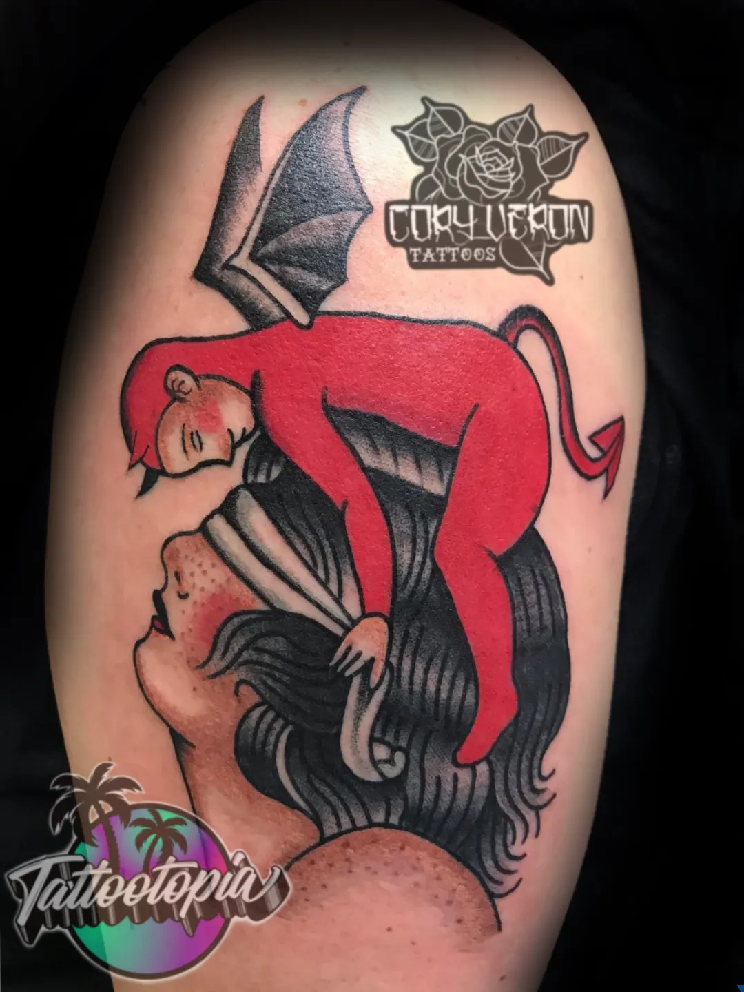 red devil on womans head traditional tattoo cory veron tattootopia