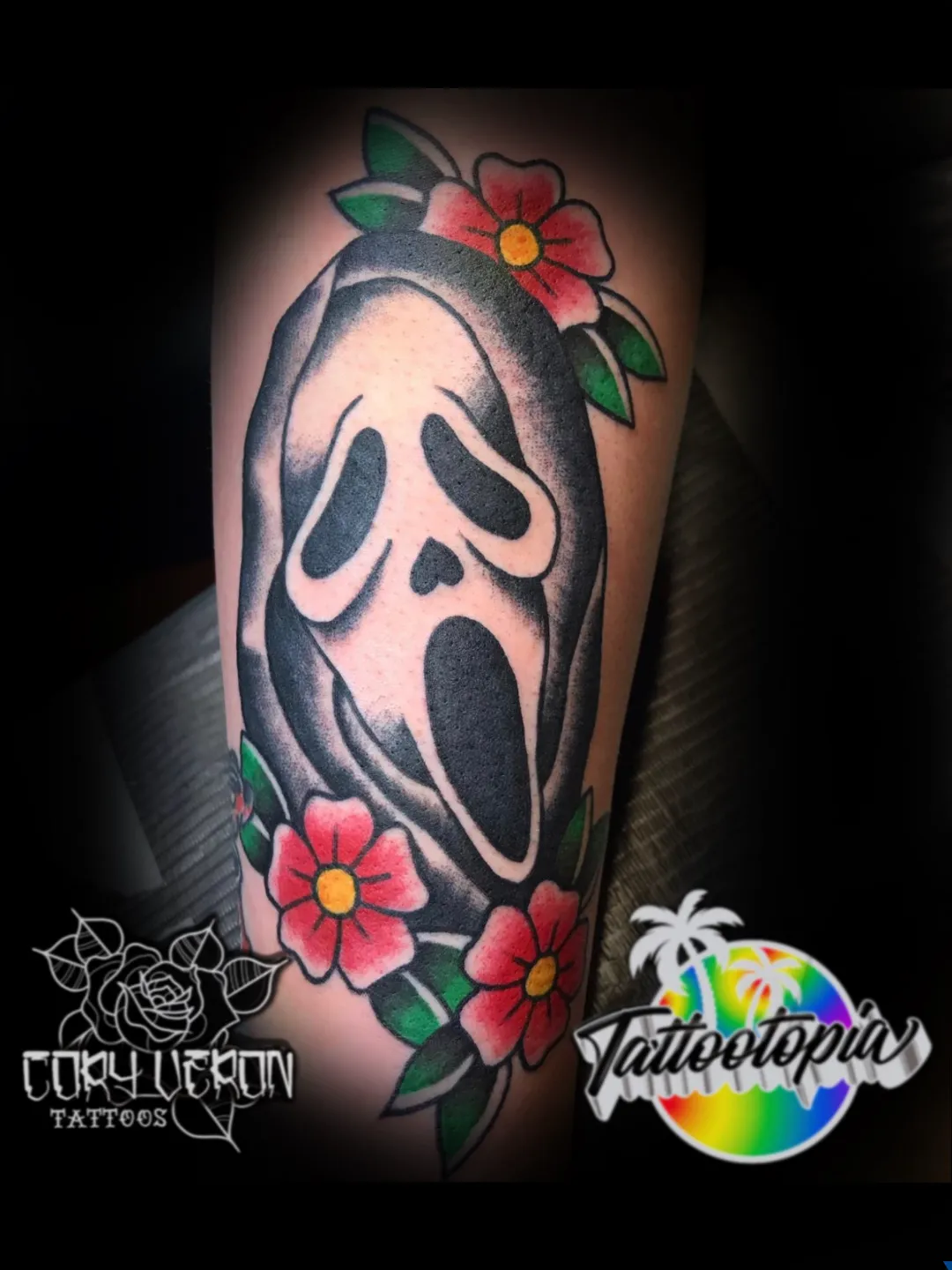 scream mask with floral traditional leg tattoo cory veron tattootopia