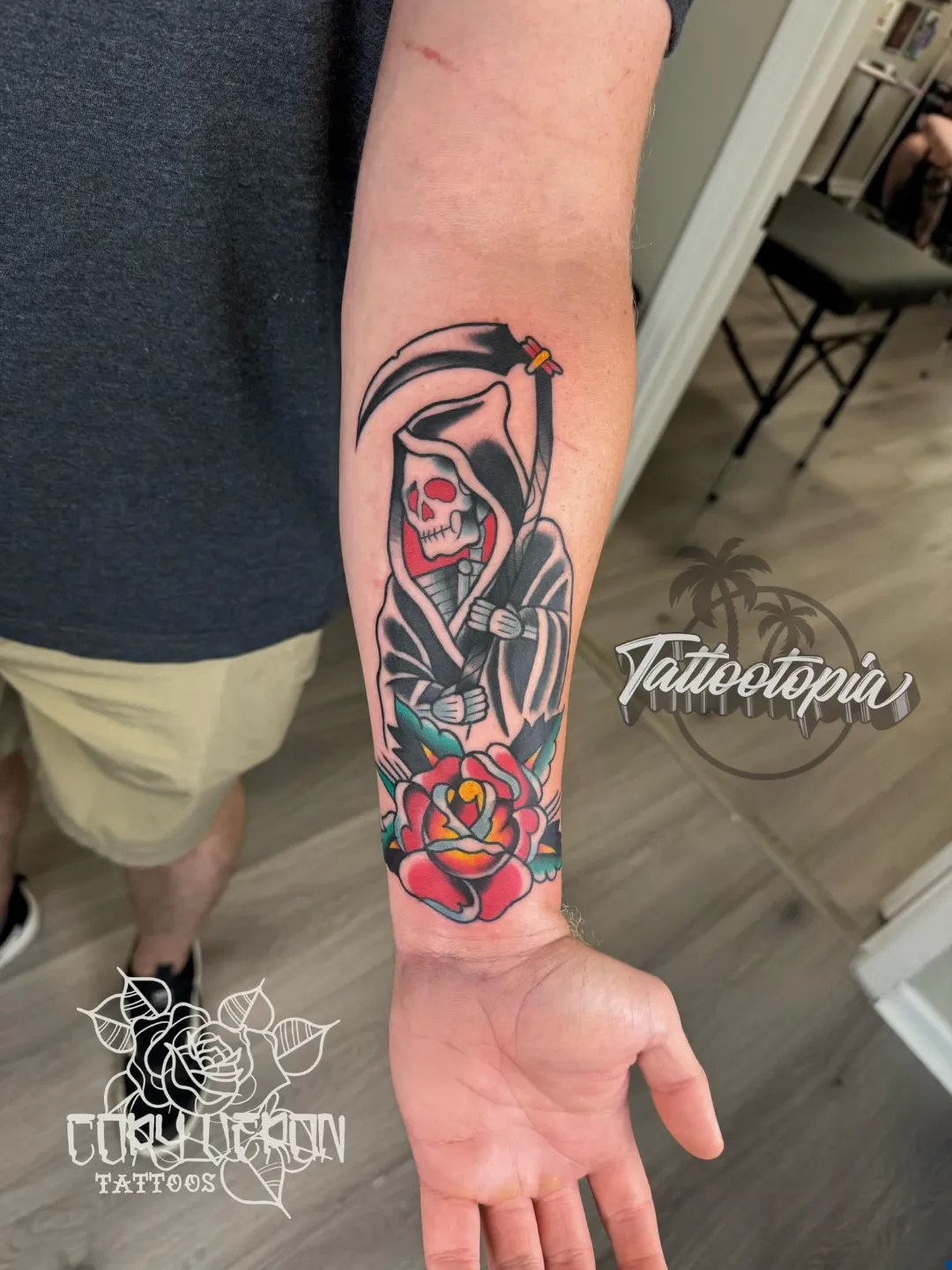 traditional color grim reaper rose forearm tattoo cory veron tattootopia