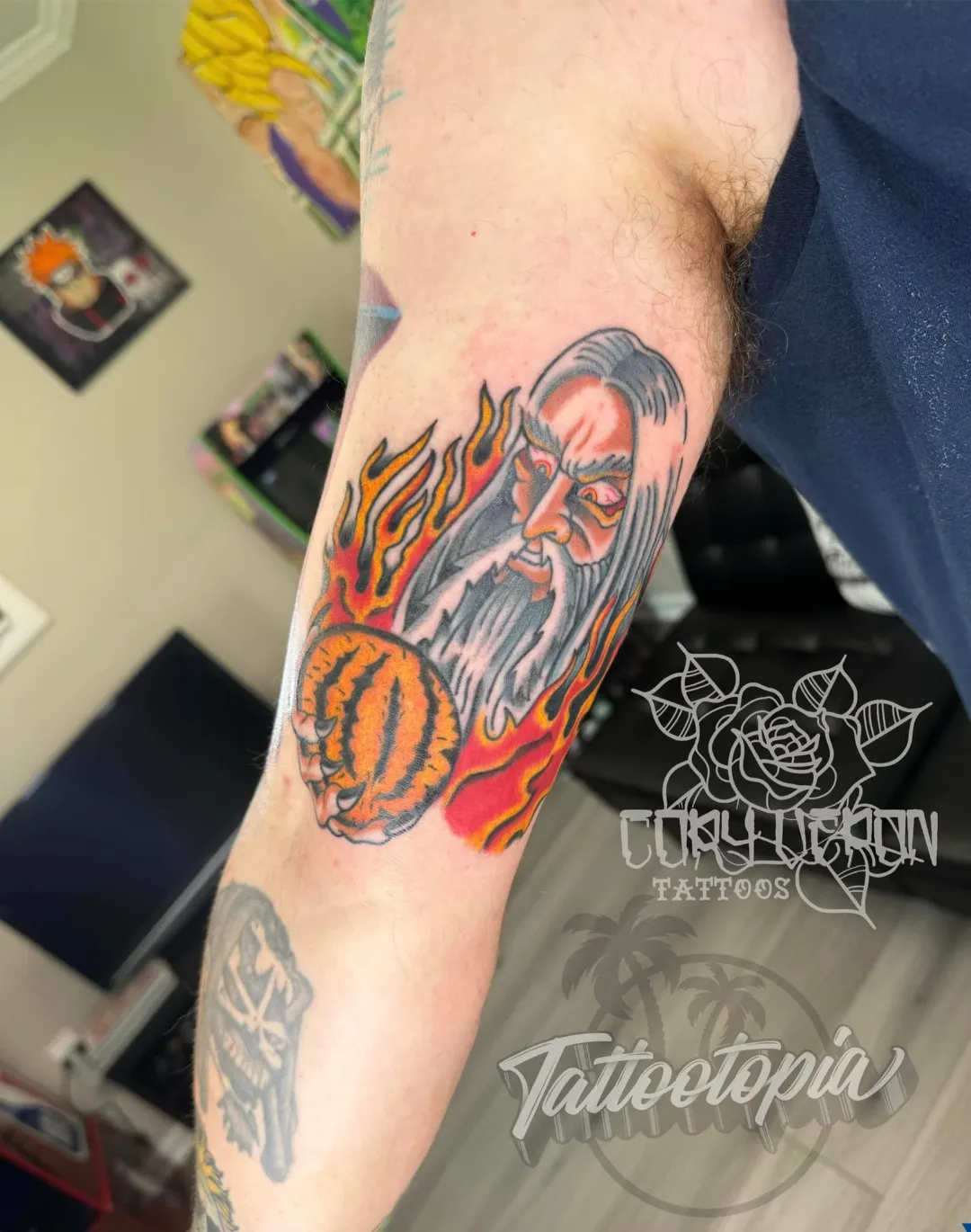 traditional color wizard tiger flames arm tattoo alternate view cory veron tattootopia