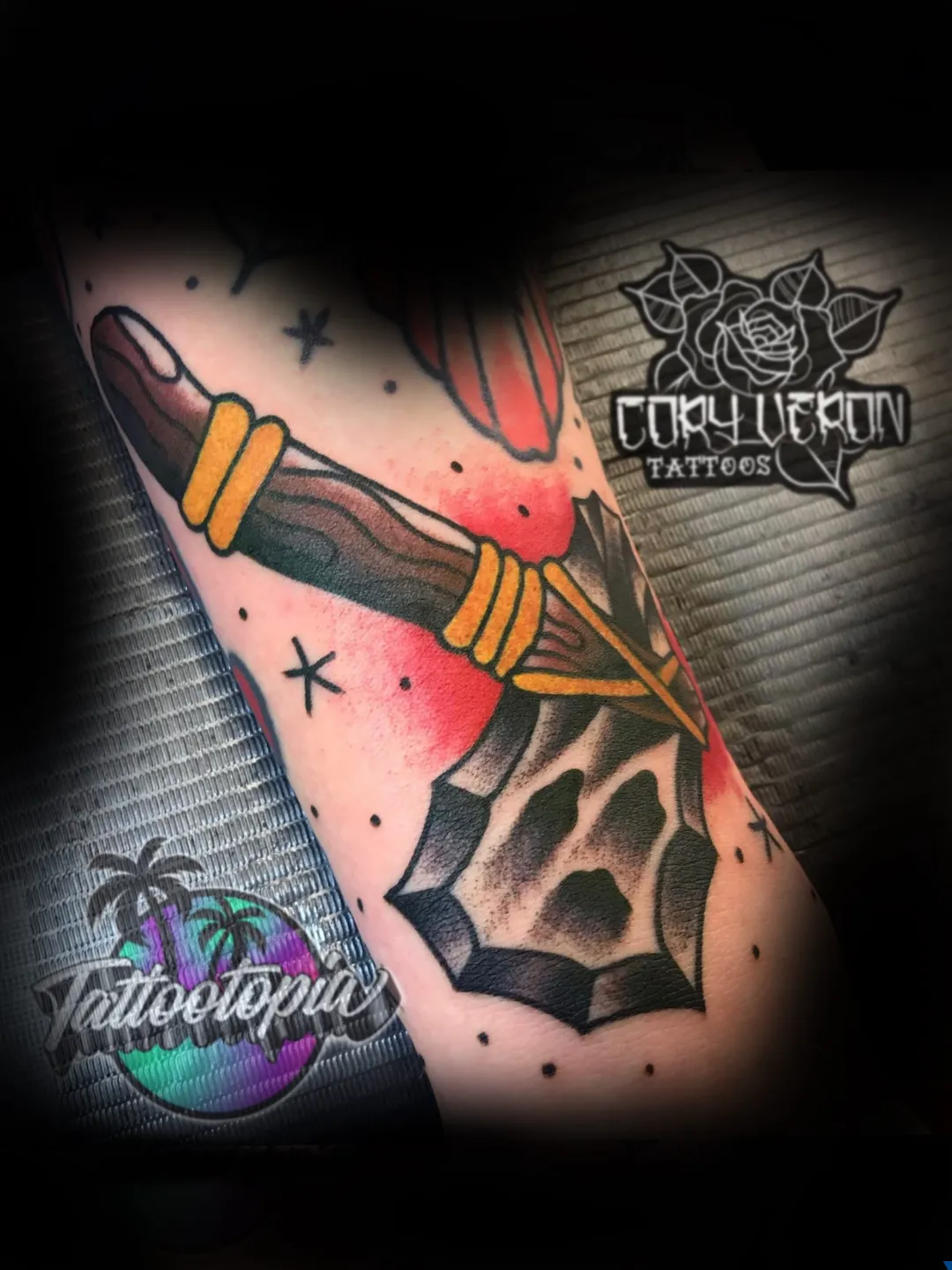 traditional dagger and web arm tattoo cory veron tattootopia