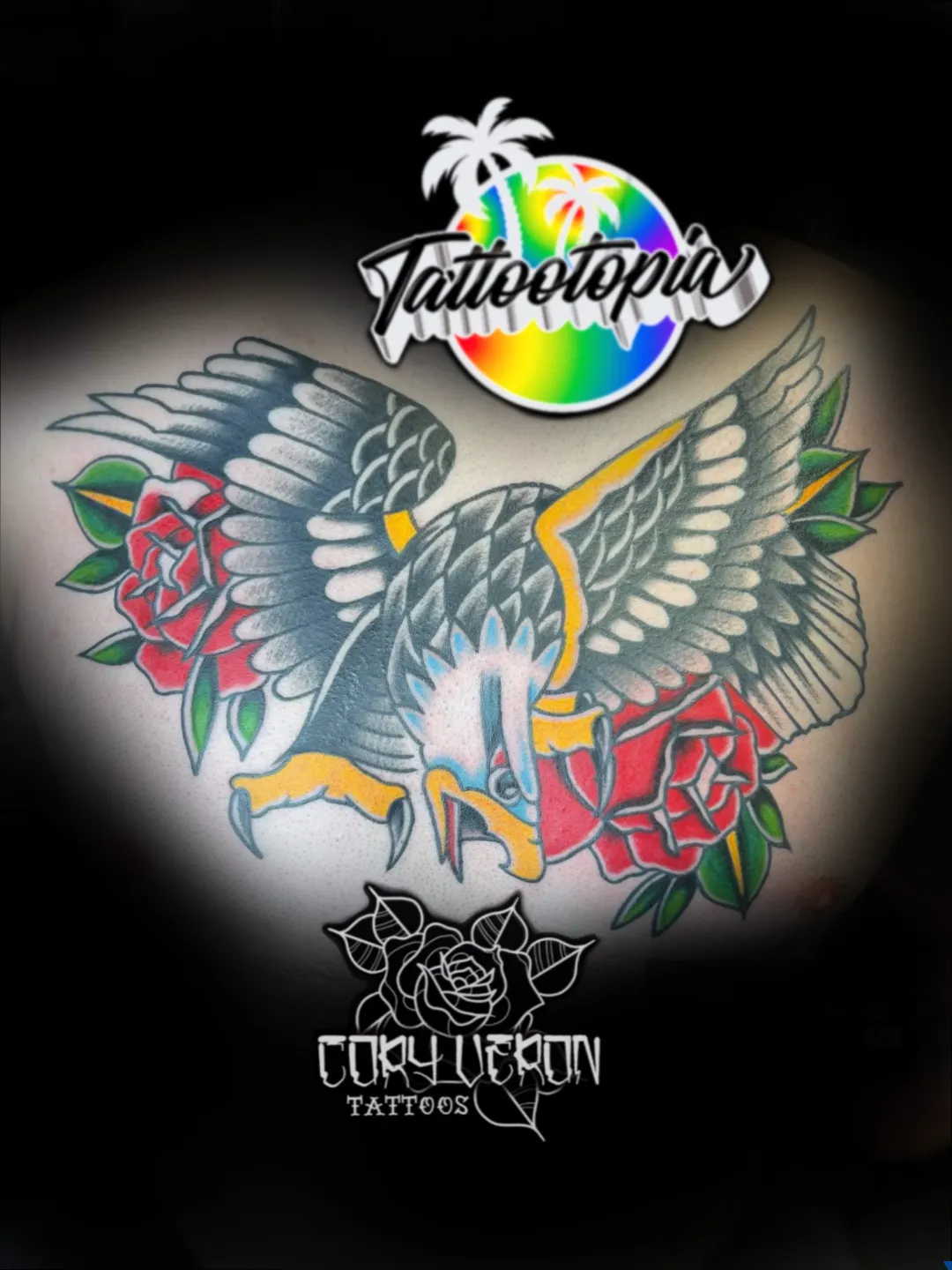 traditional eagle and roses back tattoo cory veron tattootopia