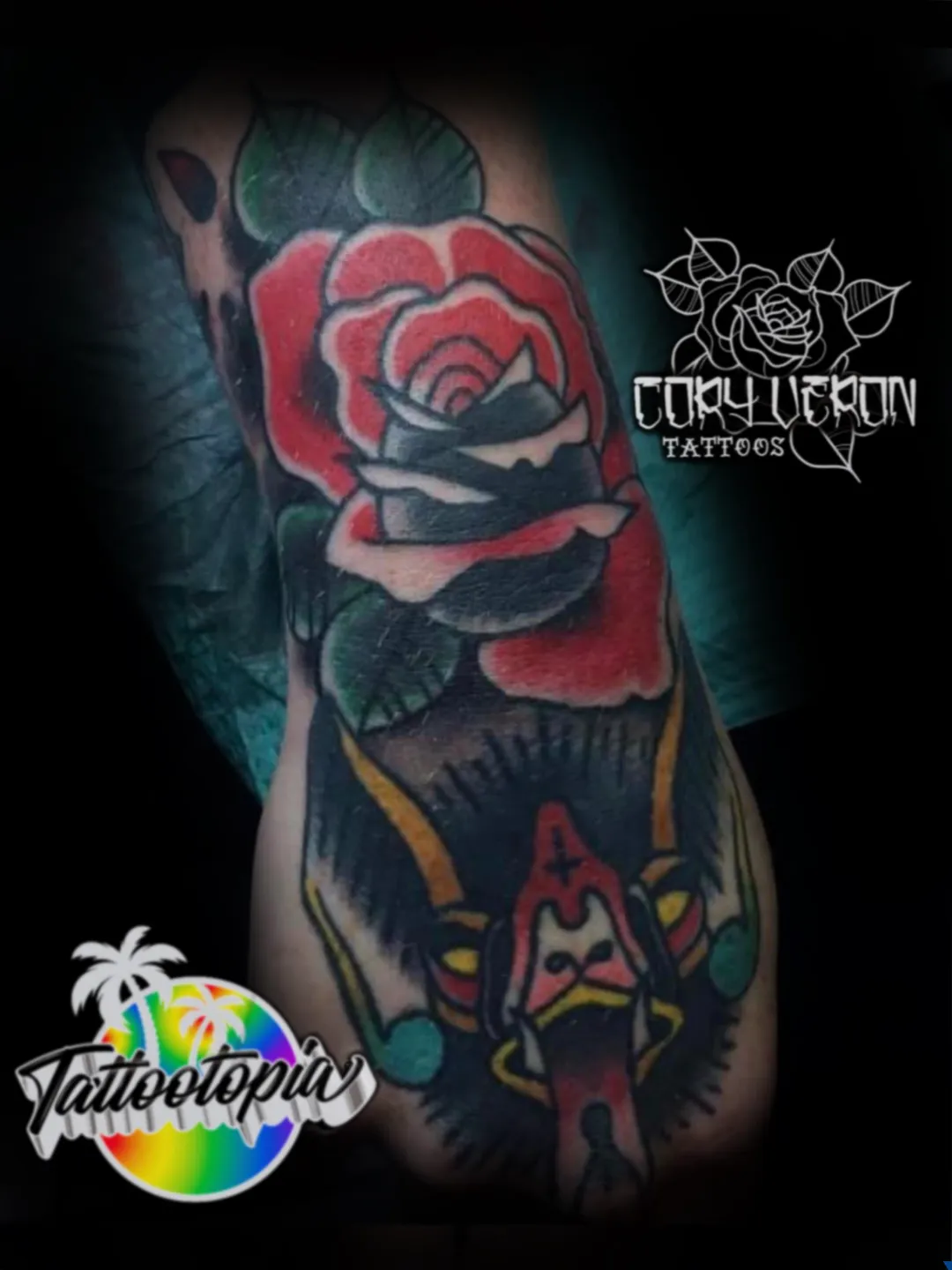 traditional rose and goat skull tattoo cory veron tattootopia