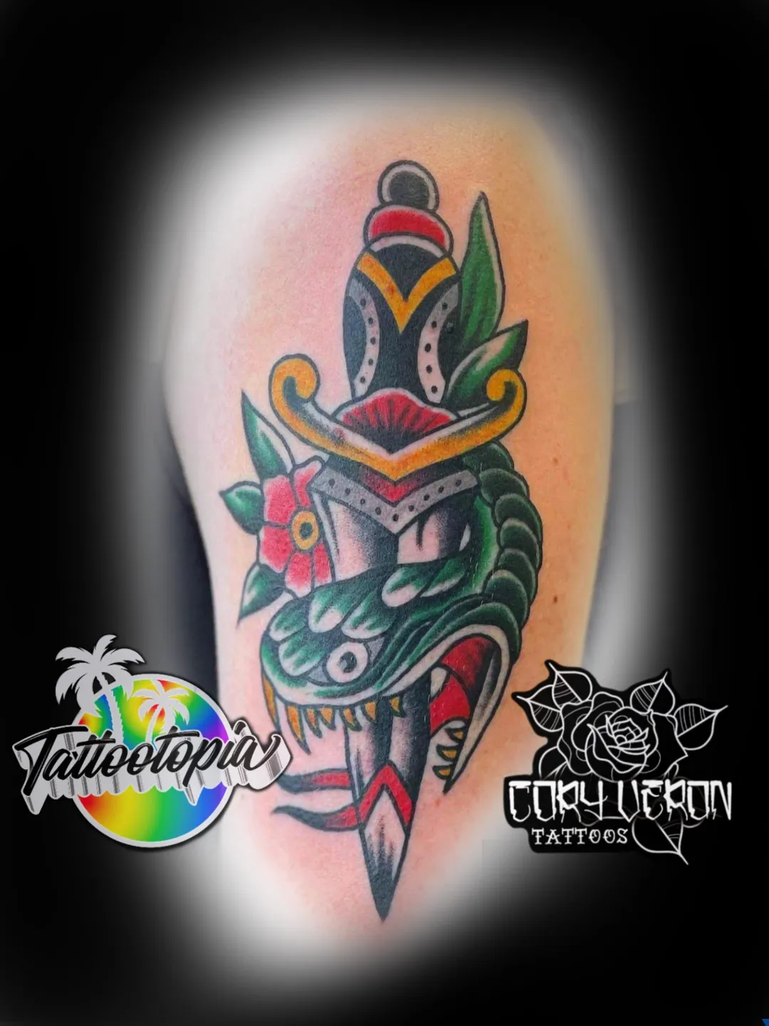 traditional snake and dagger arm tattoo cory veron tattootopia