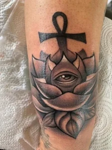 black and gray ankh with lotus and eye forearm tattoo halo minier tattootopia