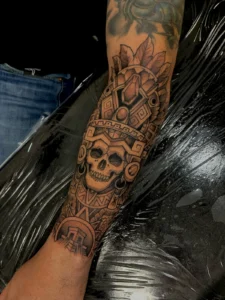 black and gray aztec skull forearm tattoo jeff thibodaux tattootopia