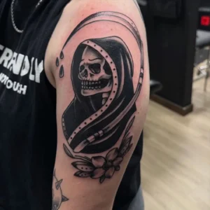 black and gray grim reaper with rosary upper arm tattoo josh lockhart tattootopia