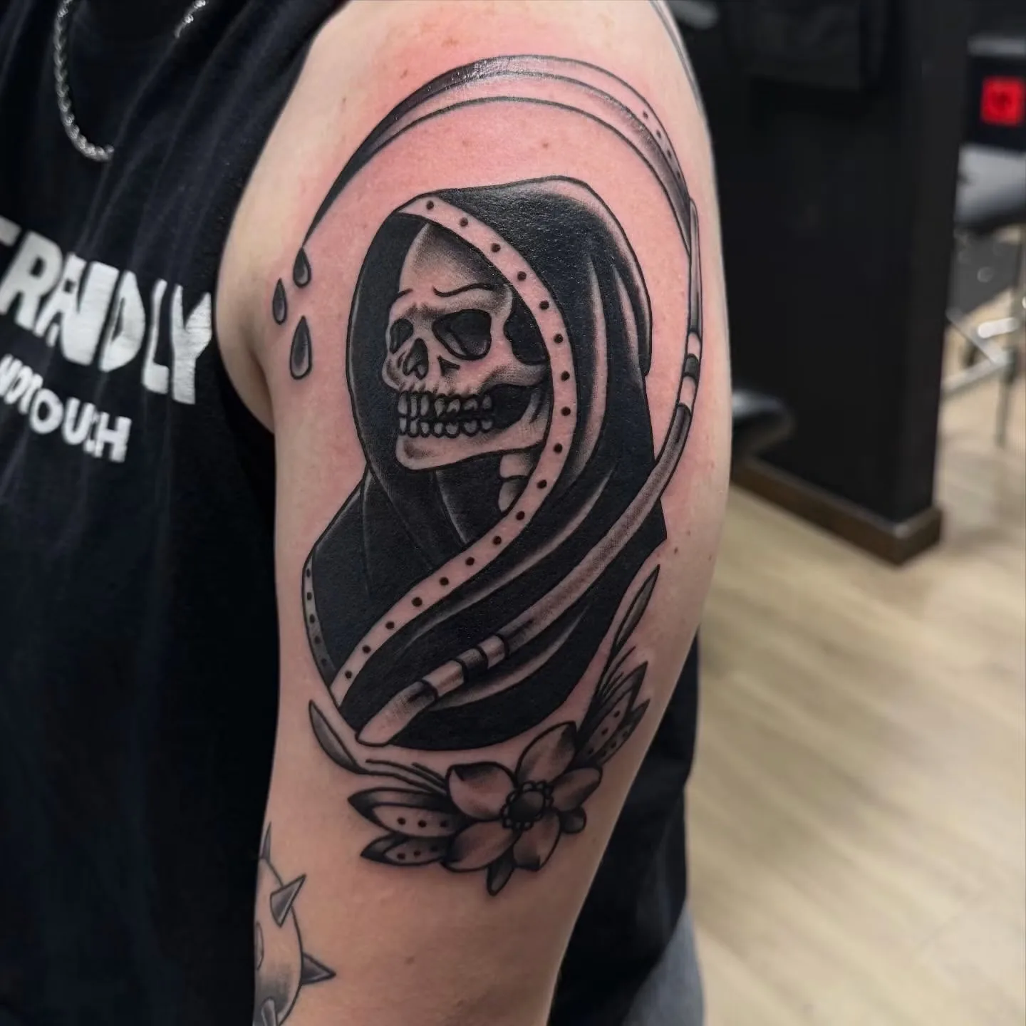 black and gray grim reaper with rosary upper arm tattoo josh lockhart tattootopia