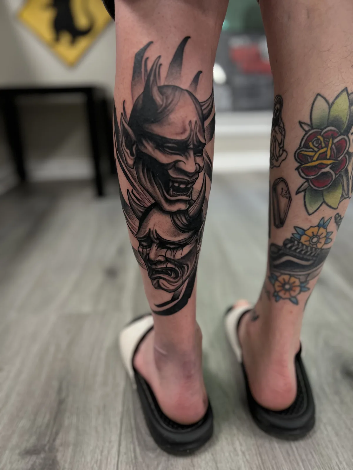 black and gray hannya mask leg tattoo jeff thibodaux tattootopia