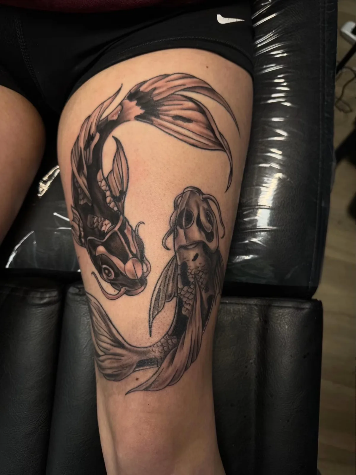 black and gray koi dragon thigh tattoo josh lockhart tattootopia