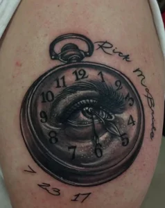 black and gray memorial pocket watch arm tattoo halo minier tattootopia