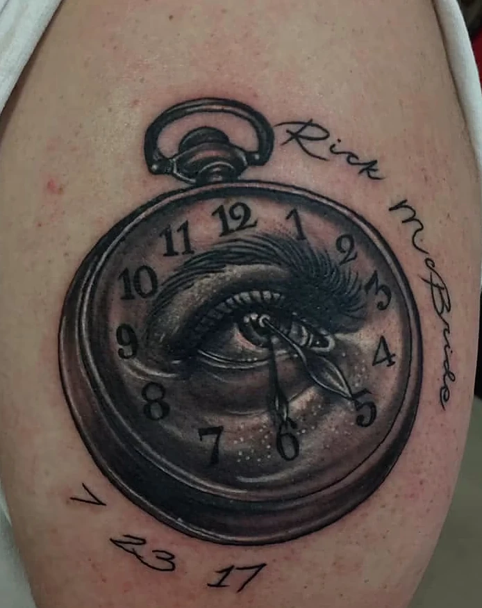 black and gray memorial pocket watch arm tattoo halo minier tattootopia