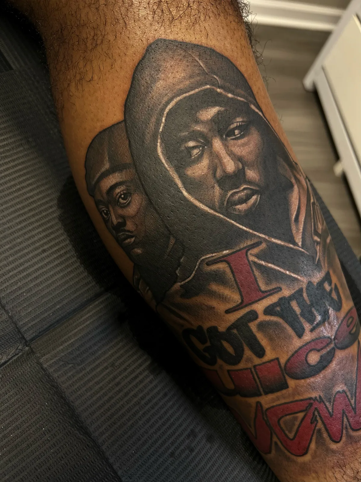 black and gray memorial portrait leg tattoo jeff thibodaux tattootopia