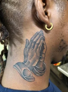 black and gray praying hands neck tattoo halo minier tattootopia
