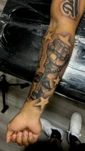 black and gray praying hands sleeve forearm tattoo jeff thibodaux tattootopia