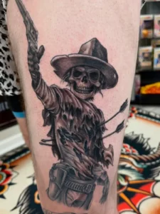 black and gray traditional cowboy skeleton thigh tattoo josh lockhart tattootopia