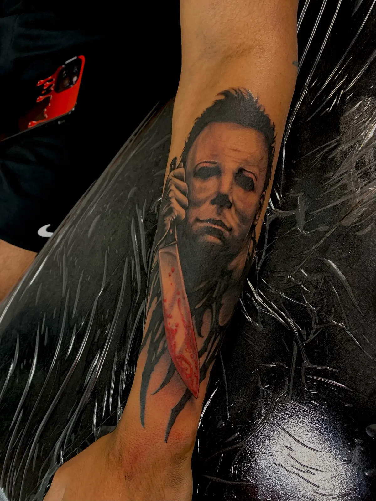 color horror movie villain portrait arm tattoo jeff thibodaux tattootopia