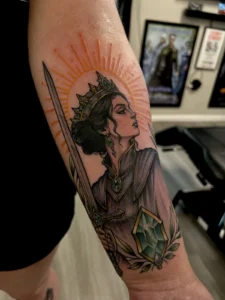 color neo traditional warrior woman arm tattoo jeff thibodaux tattootopia
