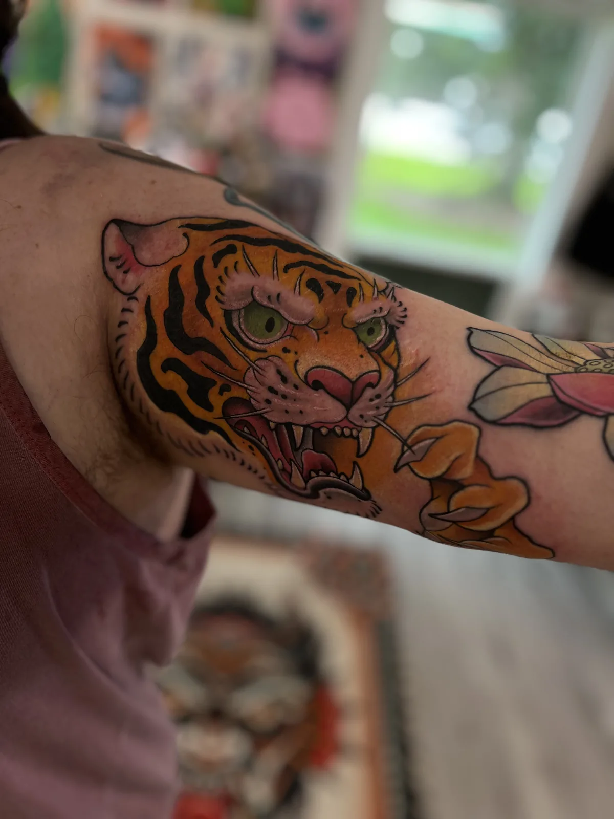 color tiger head arm tattoo jeff thibodaux tattootopia