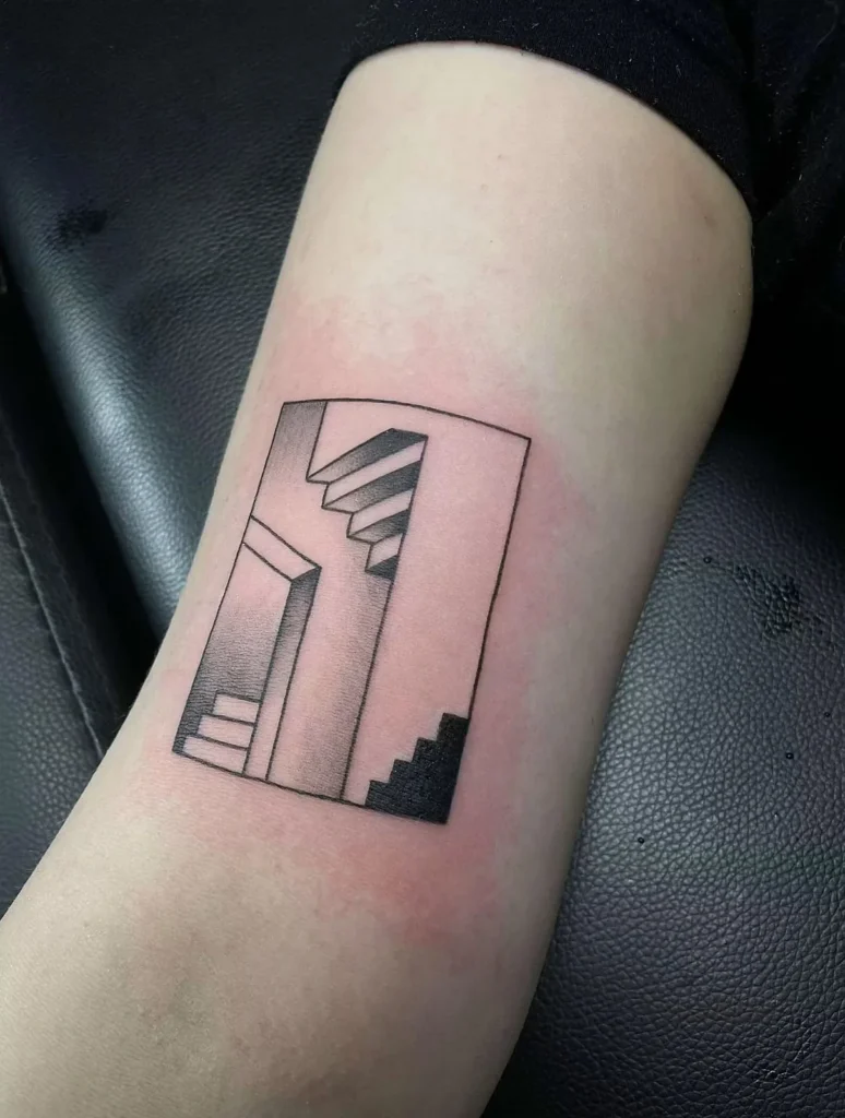 fine line staircase and doorway inner arm tattoo halo minier tattootopia