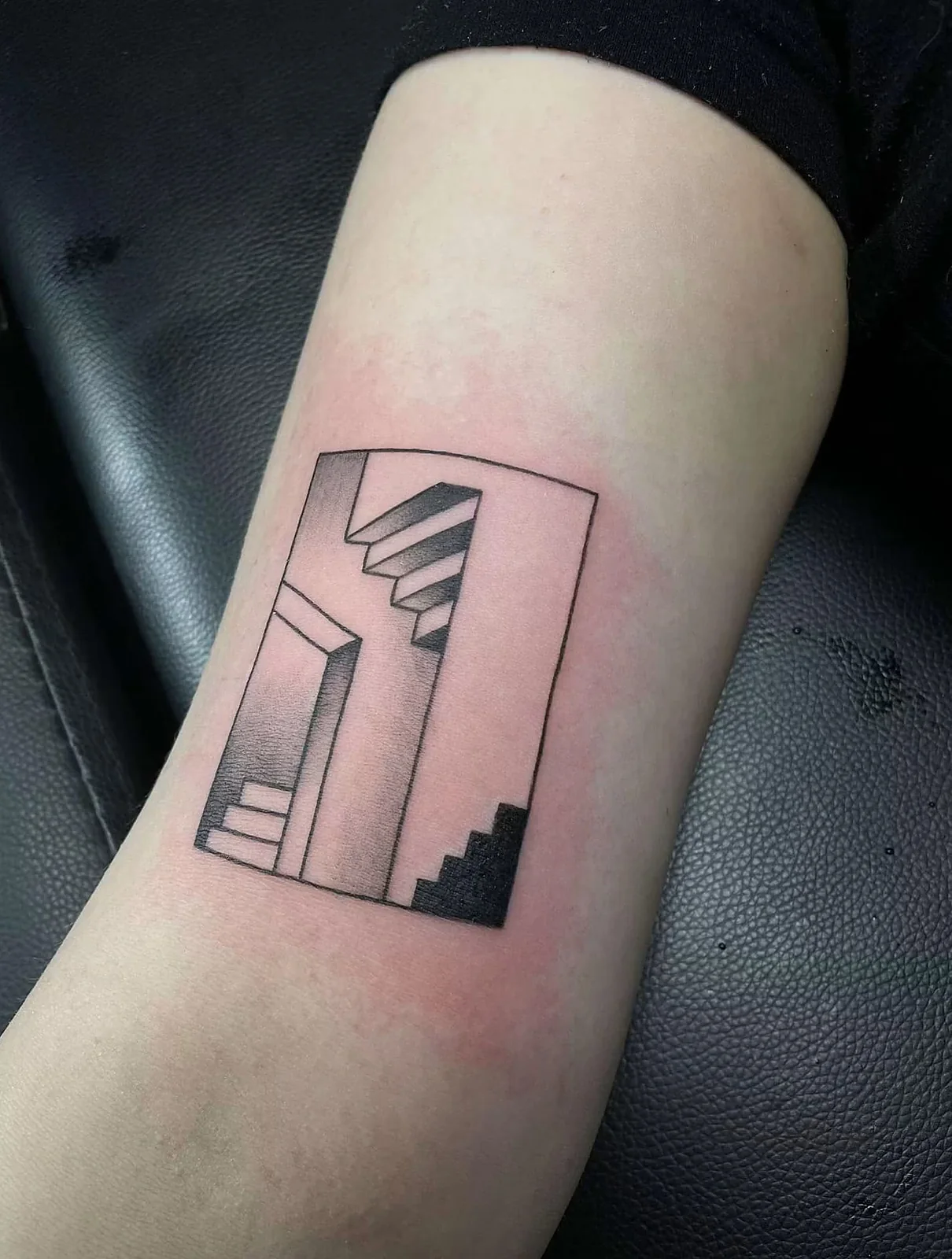 fine line staircase and doorway inner arm tattoo halo minier tattootopia
