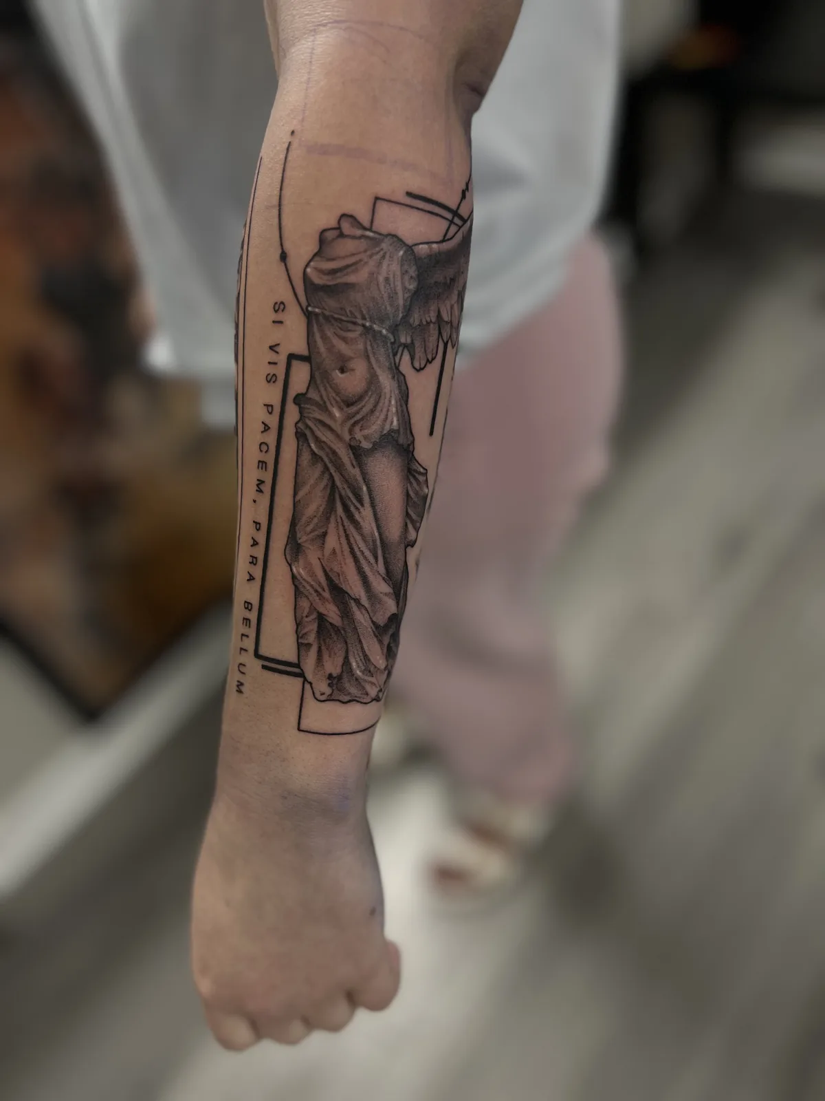 fine line statue in frame forearm tattoo jeff thibodaux tattootopia