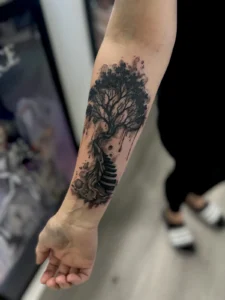 fine line tree forearm tattoo jeff thibodaux tattootopia