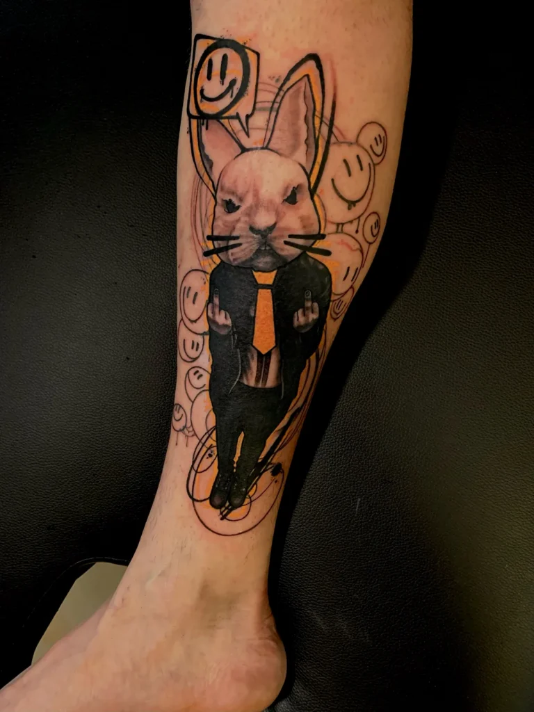 neo traditional rabbit in a suit leg tattoo jeff thibodaux tattootopia