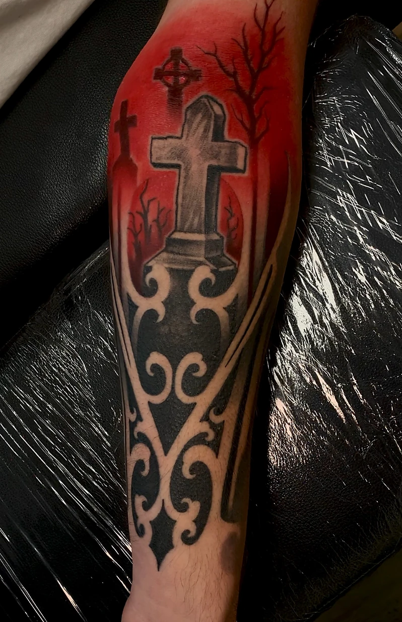 ornamental cross with filigree leg tattoo halo minier tattootopia