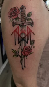 traditional dagger and roses thigh tattoo jeff thibodaux tattootopia