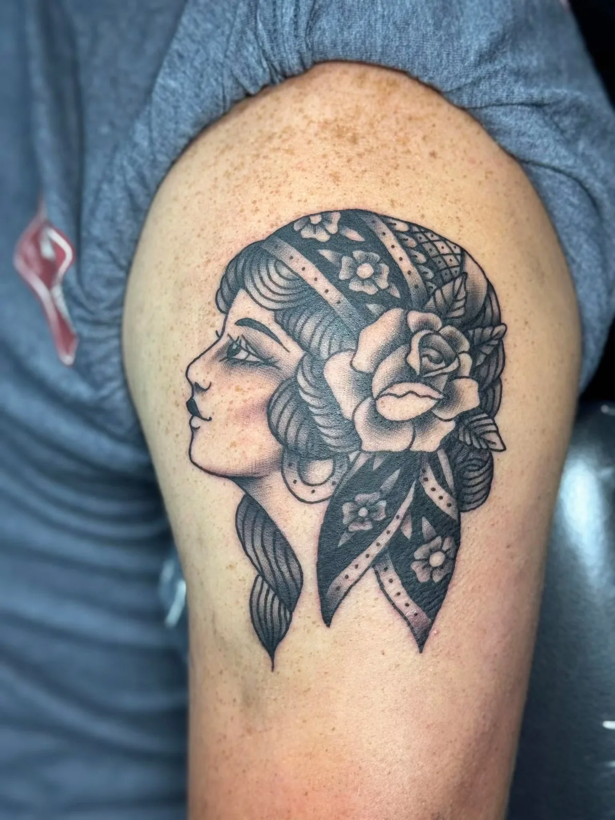 traditional gypsy woman head and rose upper arm tattoo josh lockhart tattootopia